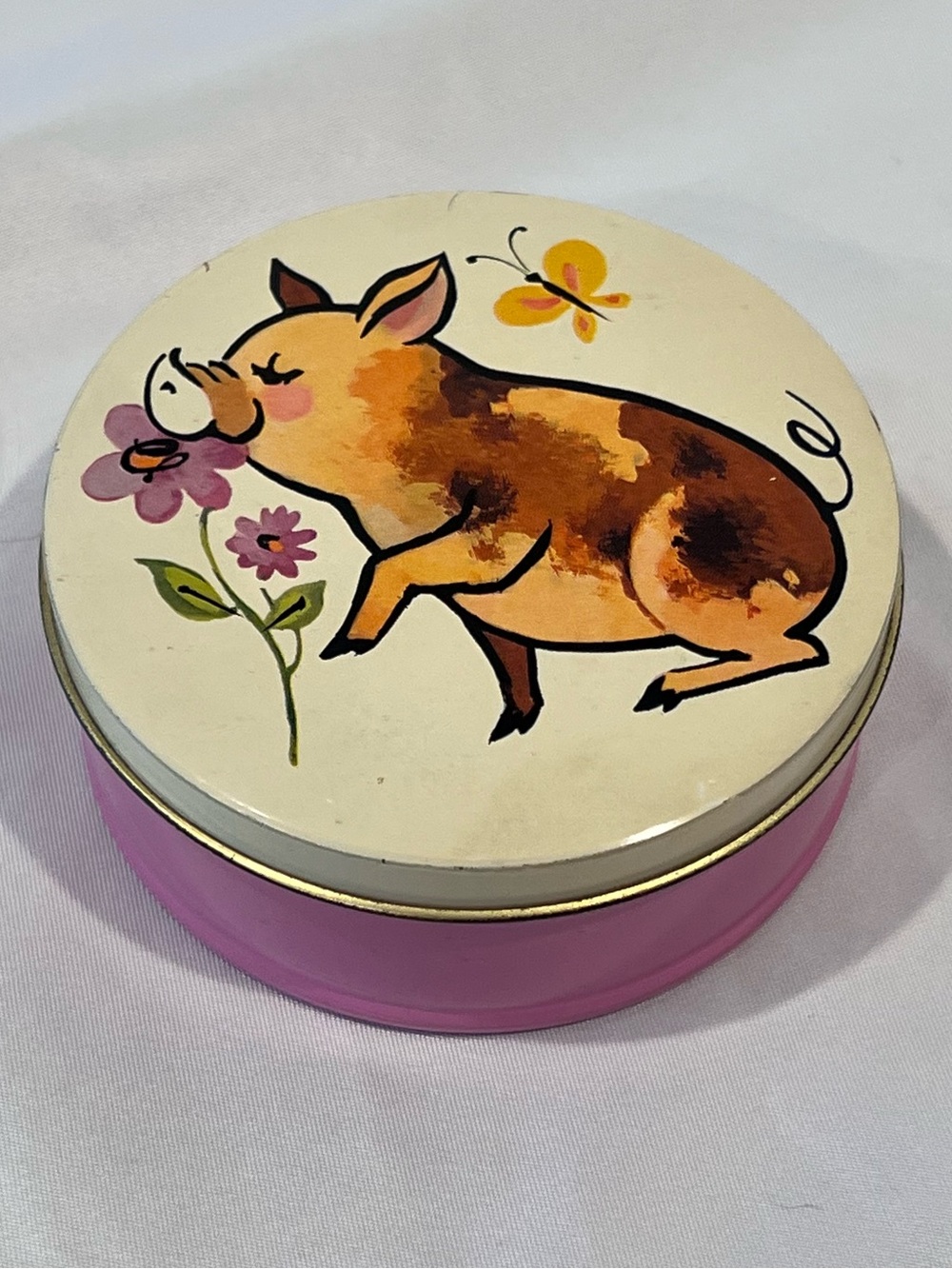 Vintage Daher Pig Tin Box Made England The Tin Box Company co Pink Butterfly